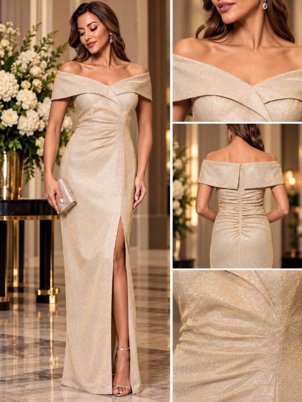 XSCAPE Gold Shimmer Off Shoulder Ruched Slit Long Formal Evening Gown Size 6 NWT